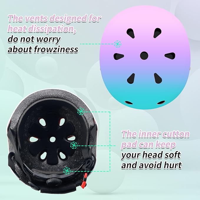 Adjustable Kids Bike Helmet with Knee & Elbow Pads Set, Color Gradient Design for Boys and Girls Aged 3-14+, for Skateboarding, Scooter, Roller & Inline Skating, Longboard