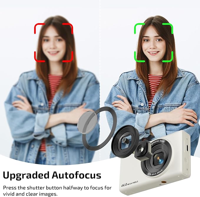 Upgrade Digital Camera, FHD 4K 44MP Autofocus Digital Point and Shoot YouTube Camera with 16X Zoom, 32GB SD Card, Compact Digital Camera Cheap for Teens Boys Girls Kids White