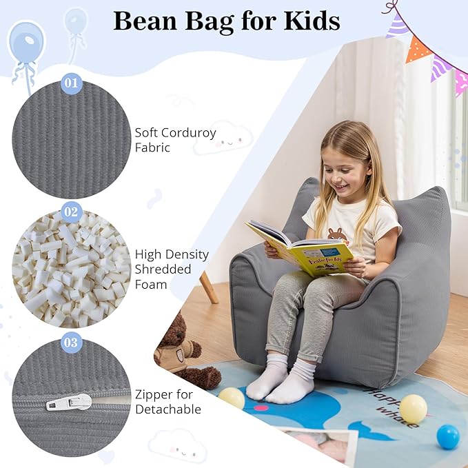 HOMMPA Bean Bag Chair for Kids Stuffed Toddler Bean Bag Sofa with Pocket Filler Cat Shaped Bean Bag Chair Boys and Girls Baby Lazy Floor Sofa Chair for Gaming Reading Playing Grey