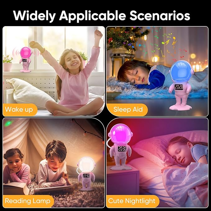 Astronaut Sunrise Alarm Clock for Kids, White Noise Sound Machine with 30 Soothing Sounds, 22 Dimmable Nightlights, Bluetooth Speaker, Dual Digital Alarm Clocks, Wake Up Light for Bedroom, Adults