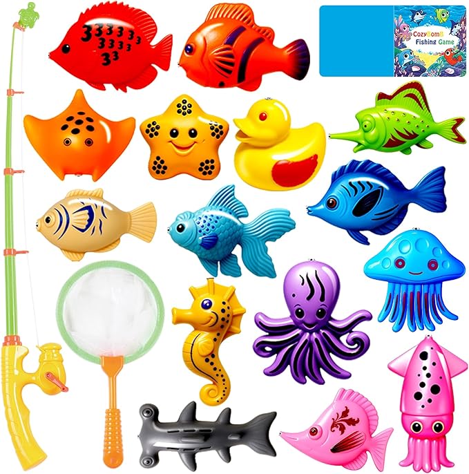CozyBomB™ Kids Fishing Bath Toys Game | Magnetic Floating Toy Magnet Pole Rod Net, Plastic Floating Fish Toddler Pool Education Teaching and Learning Colors Birthday Age 3 4 5 6 Year