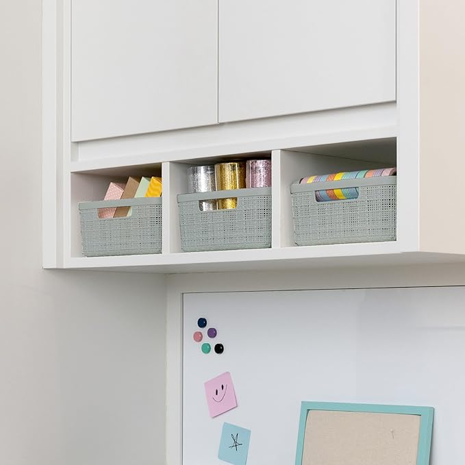 Curver Jute Decorative Plastic Organization and Storage Basket Perfect Bins for Home Office, Closet Shelves, Kitchen Pantry and All Bedroom Essentials, Small, Grey, Set of 8