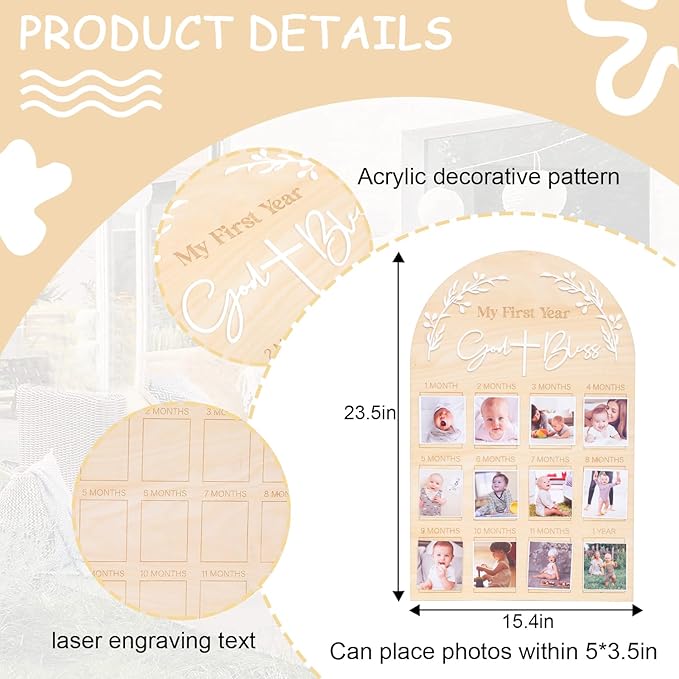 God Bless My First Year Photo Board - 1st Holy Communion Monthly Photos Display,God Bless 1 To 12 Months Photo Wooden Board,Baby Baptism Party Milestone Photos,Wooden Cross Photo Board (God Bless)