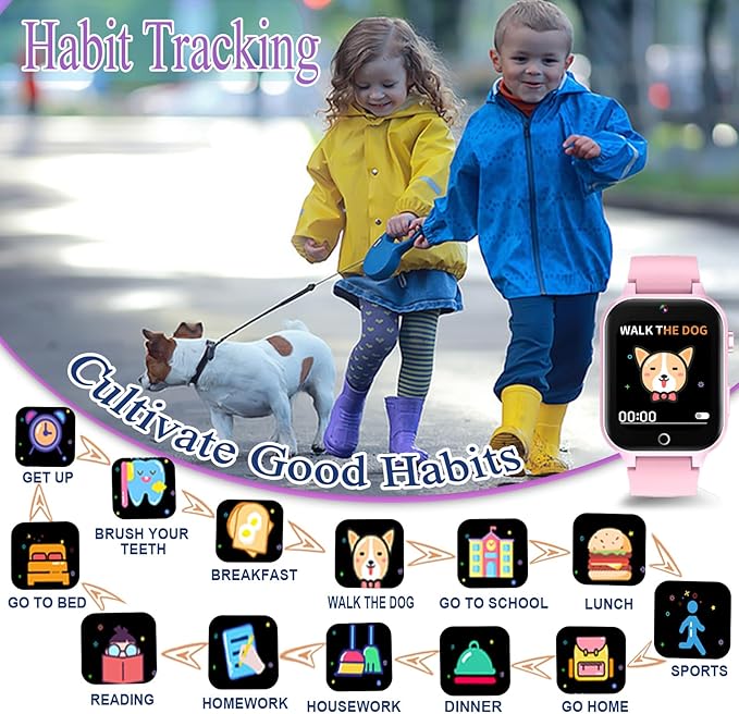 Goodatech Smart Watch for Kids 4-12 Years Boys Girls, 26 Puzzle Games,HD Camera,Video Music Player,Pedometer,Flashlight,Calendar,Alarm Clock,Aluminum Case,Sport Band (Pink)