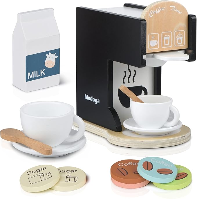 Play Kitchen Accessories Kids Wooden Coffee Maker Toy Espresso Machine Toddler Toy Kitchen Sets for Girls and Boys (Coffee Maker) (Black)