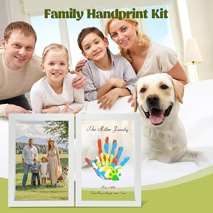 Family Handprint Kit, DIY Baby Hand and Footprint Handmade Keepsake Wooden Frame, Family Gifts with 5 Non-Toxic Baby-Safe Paint, Ideas Gift for New Parents, Grandparents, Father's Day, Mother's Day