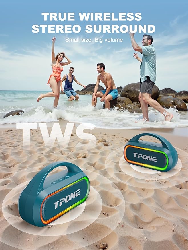 Bluetooth Speaker, IPX7 Waterproof Portable Wireless Speaker with 30W (Peak) Loud Stereo Sound, 100ft Range, Multi-Colors Rhythm Lights, TWS Pairing, BT5.3, for Home/Party/Outdoor/Beach (Indigo Blue)