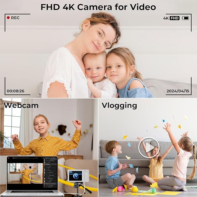 Digital Camera, 44MP 4K Auto Focus Point and Shoot Kids Video Camera with 64GB SD Card 2 Batteries 16X Digital Zoom Compact Portable Small Camera Gifts for Teens Kids Boys Girls(White)