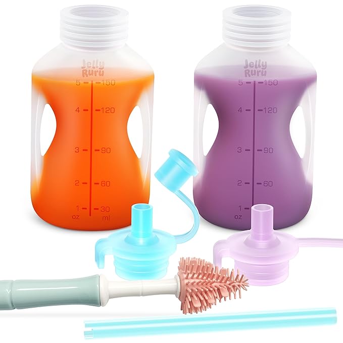 Silicone Reusable Baby Food Pouches with Straws, 2 Pack Leakproof Refillable Squeeze Pouches, Dishwasher, Freezer, Microwave Safe, 5OZ Baby Food Storage for Homemade Puree, Yogurt