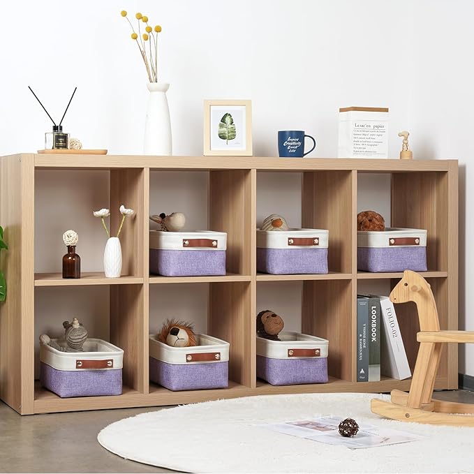 DULLEMELO Small Storage Baskets 6 Pack, Fabric Collapsible Gift Storage Baskets for Shelves, Closets, Nursery, Home, Office Organizing,Small Canvas Linen Rectangular Storage Bins (White&Purple)