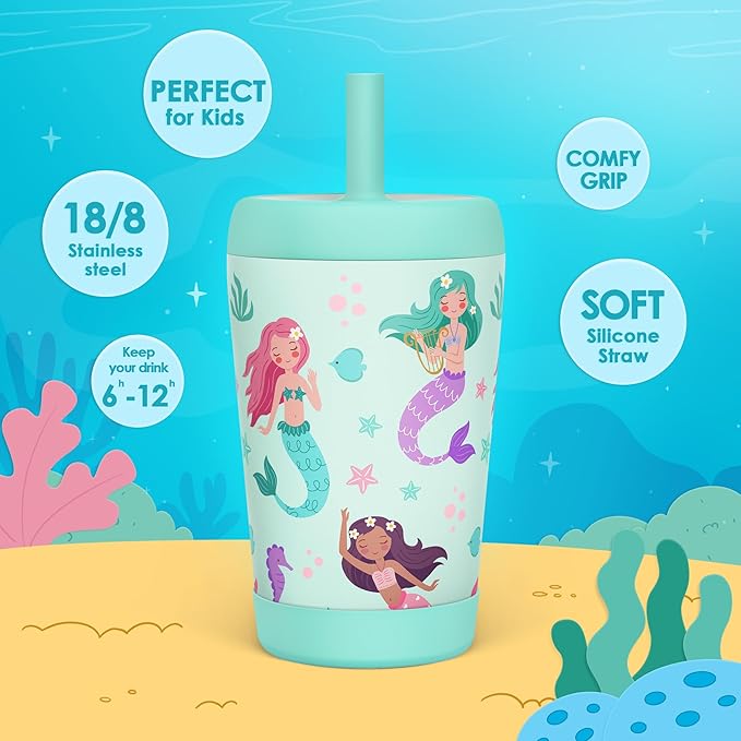 Kid Insulated Stainless Steel Tumbler with Silicone Straw, 12oz Sippy Cup for Kids (Magical Mermaids)