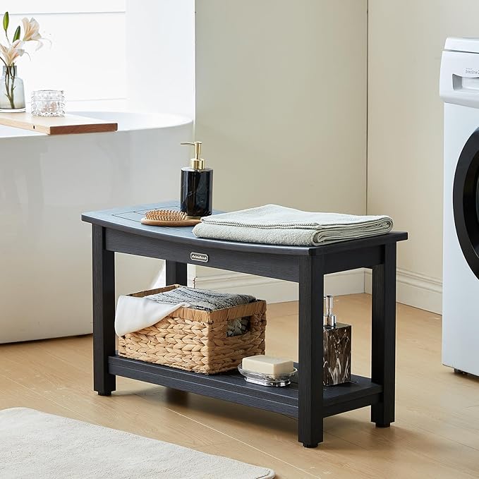 30'' Waterproof Shower Stool, Poly Lumber Shower Bench Seat for Shaving Legs, HDPS Plastic Bath Chair Seat, Non-Slip & No Maintenance, Black, Weight Capacity 700LBS (30 x 13 Inches)