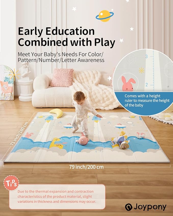 Baby Play Mat 79x71x0.6 inches, Fabric Cloth Surface Extra Large & Thick Foldable Play Mats for Baby Girls Boys, Waterproof & Anti-Slip Portable Baby Floor Mat for Tummy Time with Travel Bag