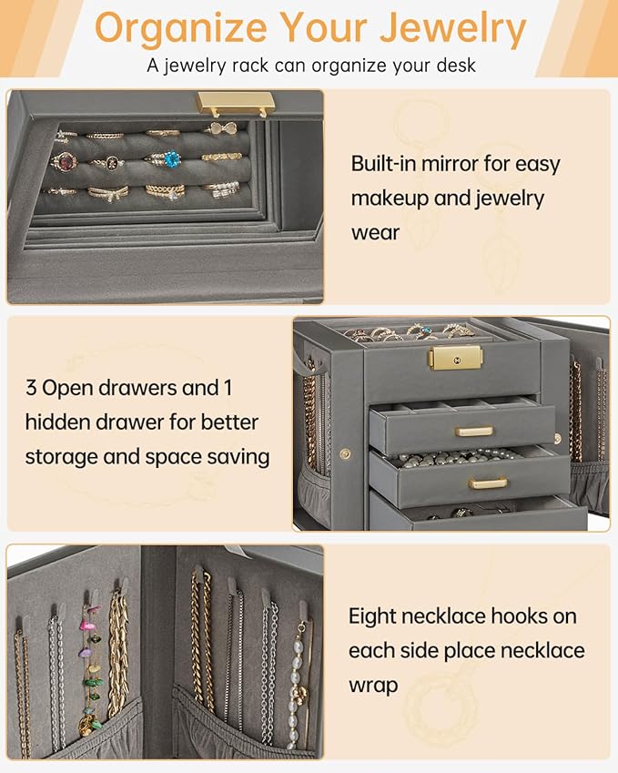 AKOZLIN 4-Tier Jewelry Box Leather Jewelry Storage Organizer with 3 Drawers Lockable for Women Girls Ring Necklace Earring Bracelet Holder with Mirror Dark Grey