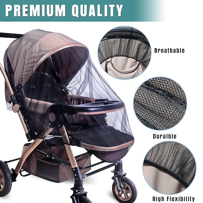 Durable Baby Stroller Mosquito Net (2 Pack) - Universal Elastic Edge Mesh Cover for Bassinets, Cradles, Playards, Car Seats & Mini Cribs | Breathable Travel Essential Newborn Protection (Black+White)