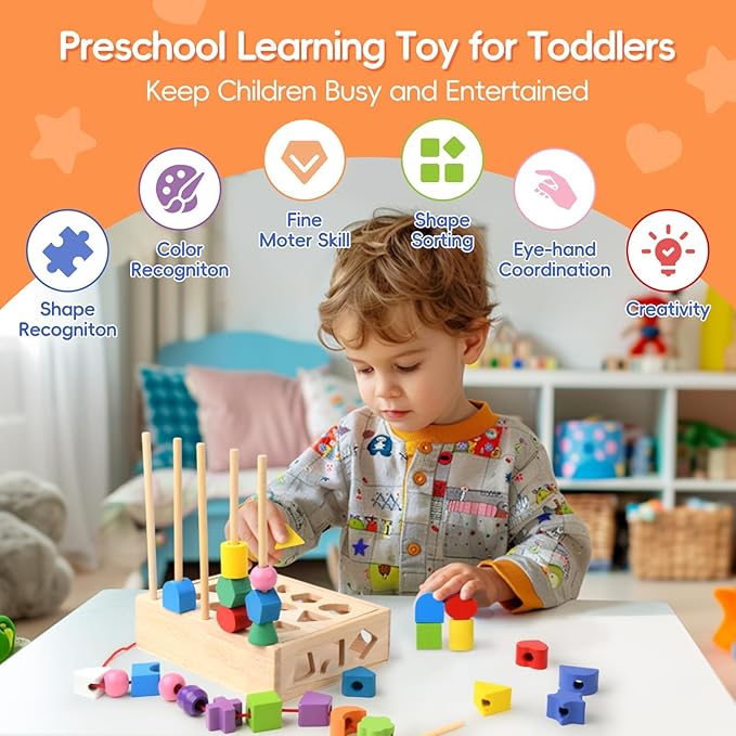 3 in 1 Wooden Color Sorting Stacking Toys, Montessori Toys Geometric Shape Sorter Matching Lacing Beads Sequencing Toy Set Preschool Learning Fine Motor Skills for Toddlers 3 4 5 Years