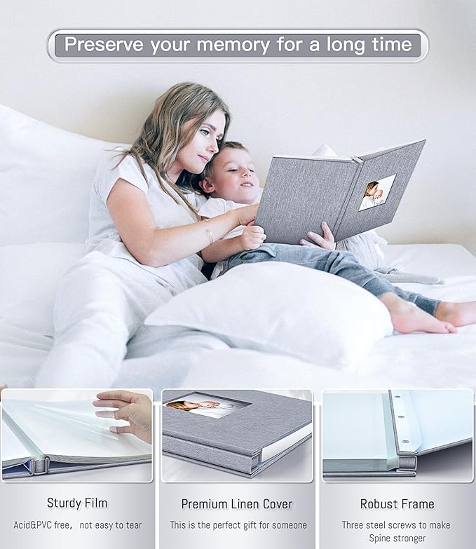 popotop Photo Album Self Adhesive with Picture Display Window,40 Pages DIY Scrapbooking Supplies Kit for 4x6 10x12 Picture,Linen Cover Memory Book for Baby Wedding, with Scraper and Metallic Pen
