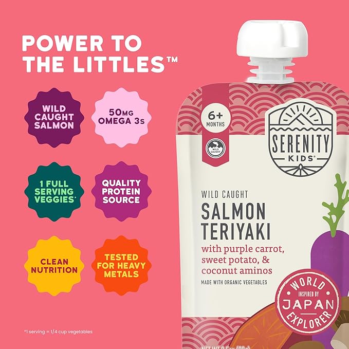 Serenity Kids 6+ Months Salmon Teriyaki Organic Baby Food Pouches - Ethically Sourced Salmon & Organic Veggies - No Added Sugar BPA-Free Baby Puree - 3.5 Oz, 12 Pack