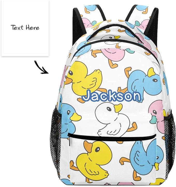 Duck Cartoon Doodle Custom Kids Backpack for Boy Girl, Personalized Waterproof Child School Travel Bag with Name, 16.5’’ X 12.2’’ X 5.9’’