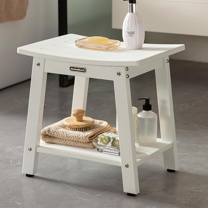 HDPS Shower Bench, White Plastic Shower Stool Seat for Shaving Legs, Spa Bath Seat, Heavy Duty Waterproof, Non-Slip, No Maintenance