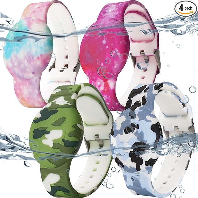 4 Pack Waterproof Bracelet for AirTag Kids, Hidden Printed Wristband for Apple Air Tag, Silicone Holder for AirTag GPS Tracker Case for Band for Child Toddler, Secure Anti-Lost Protection