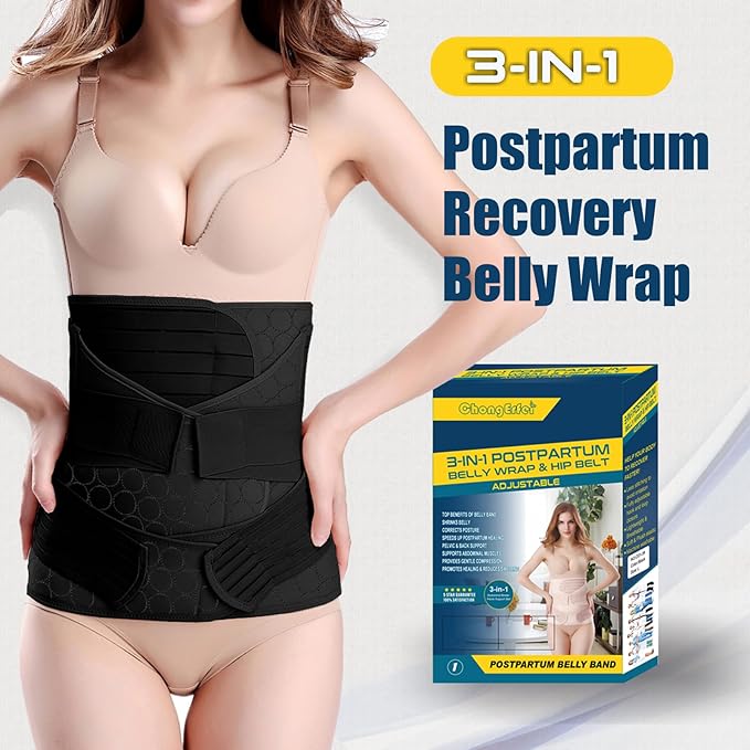 3 in 1 Postpartum Belly Band - Postpartum Belly Support Recovery Wrap, After Birth Brace, Slimming Girdles, Body Shaper Waist Shapewear, Post Surgery Pregnancy Belly Support Band (XXL, Black)