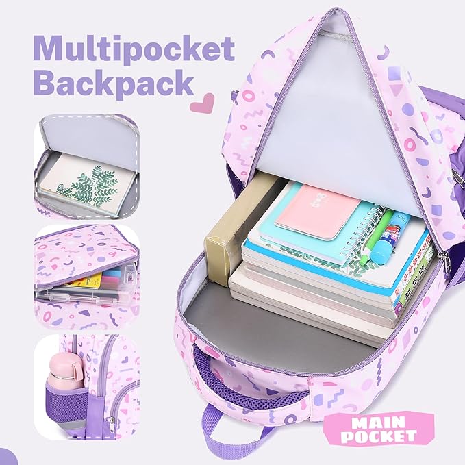 mygreen 3PCS Kids Backpack Set - Waterproof Bookbag with Lunch Box for Girls Ages 3-12, Adorable Cartoon Prints for School & Outdoor Use Light Pink Mermaid