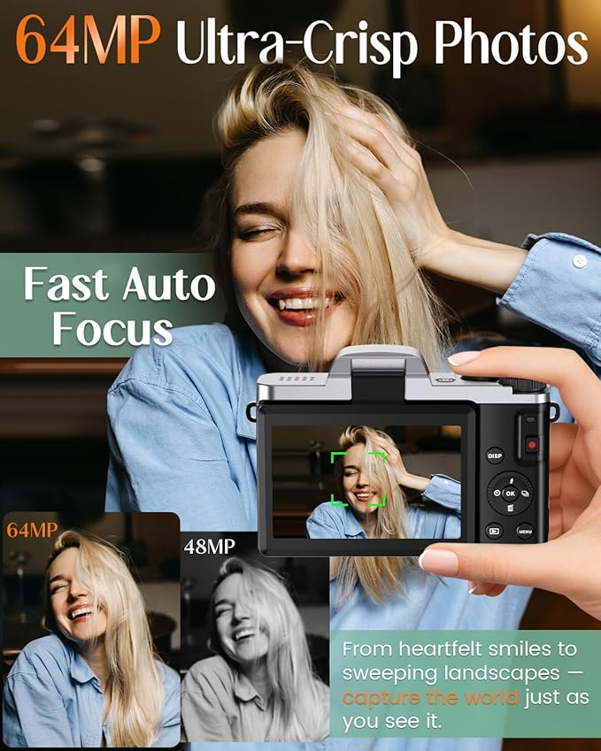 4K Digital Camera for Photography with WiFi,64MP Autofocus Vlogging Camera for YouTube,3'' 180° Flip Screen Compact Travel Camera for Teens with 32GB SD Card,16X Zoom,Anti-Shake,2 Batteries(Charcoal)