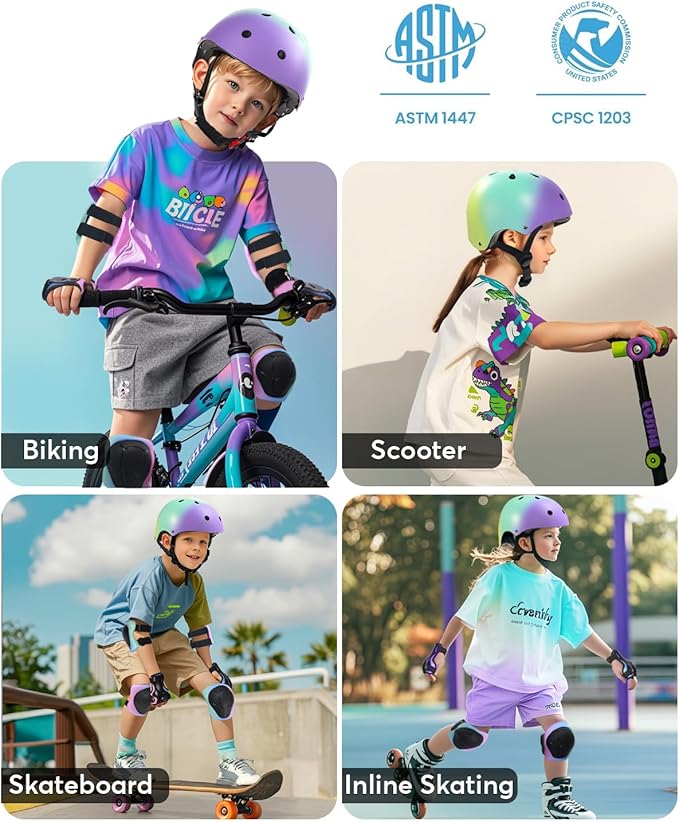 Kids Bike Helmet and Pads Set for Ages 2–14, CPSC Certified Adjustable Helmet with Knee Elbow Wrist Guards, for Skateboard, Scooter, Skating, Rollerblading, Multi-Sport Protective Gear