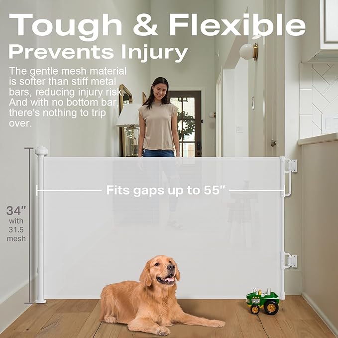 Cumbor 55" Wide Retractable Baby Gates for Stairs, Mom's Choice Award - Mesh Dog Gate for Doorways, Pet Safety Essential Fit for Baseboards, Wide Toddlers Gates for Hallways, Indoor & Outdoor, White