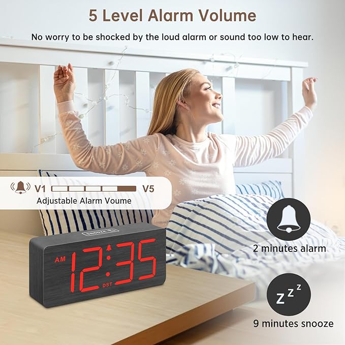 DreamSky Wooden Digital Alarm Clock for Bedroom - Desk Clocks for Living Room with Large Numbers, Loud Alarm for Heavy Sleepers with Volume Control, Dimmer, DST, Office Wood Decor (Adapter Powered)