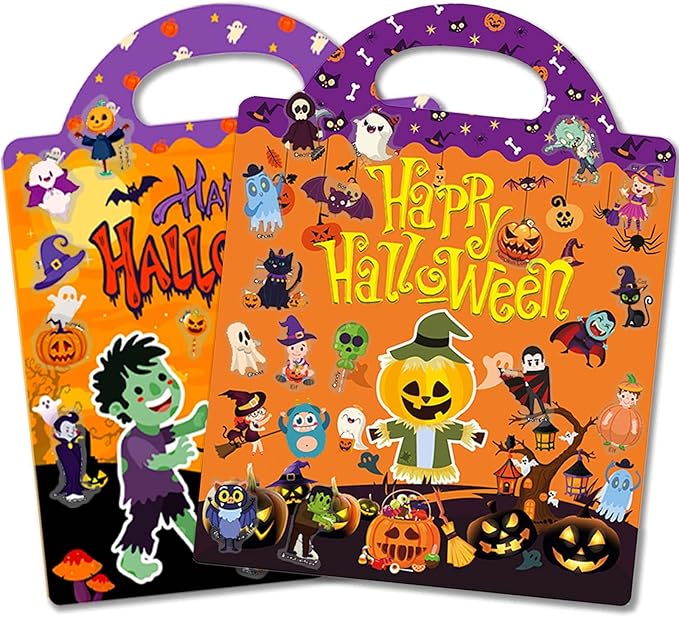 2 Set Halloween Reusable Sticker Books for Toddlers 3+, Halloween Stickers for Kids, Sticker Book for Toddlers 3+ Years, Halloweens Gifts for Kids Girls Boys