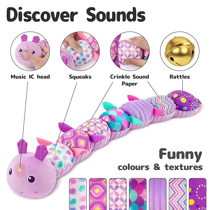 Sumobaby Infant Baby Musical Multi-Sensory Caterpillar, Stuffed Animal Activity Soft Toys, for Tummy Time Newborn 0-3-6-12 Months Girls, Purple
