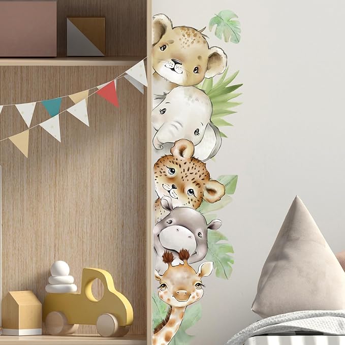 55.12 x 15.75 InchWatercolor Jungle Animal Wall Decals Tiger Elephant Zebra Giraffe Hippo Forest Wall Stickers Removable Peel and Stick Stickers for Baby Nursery Playroom Bedroom Classroom