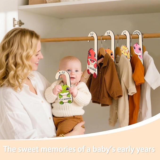 Baby Clothes Dividers for Closet - Wooden Baby Size Closet Dividers Newborn to 24 Months, Unique Dinosaur Design Babies Clothes Organizer for Nursery Decor Gender-Neutral Newborn Hangers (Set of 8)