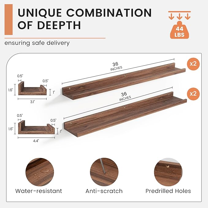 Floating Picture Ledge Shelves for Wall Set of 4, 36 Inch Wall Shelves with Lip Long Large Nursery Book Shelf for Toys Storage Kids Bookshelf Wall Mounted Living Room Bedroom Decor Frames