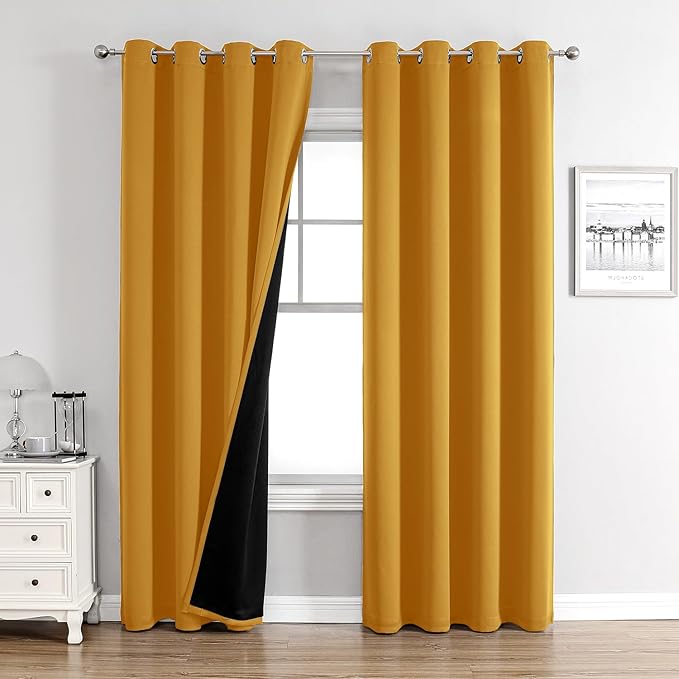 ChrisDowa 100% Blackout Curtains for Bedroom with Black Liner, 2 Thick Layers Total Blackout Thermal Insulated Grommet Long Window Curtains 2 Panels Set (Mustard Yellow, 52 x 95 Inch)