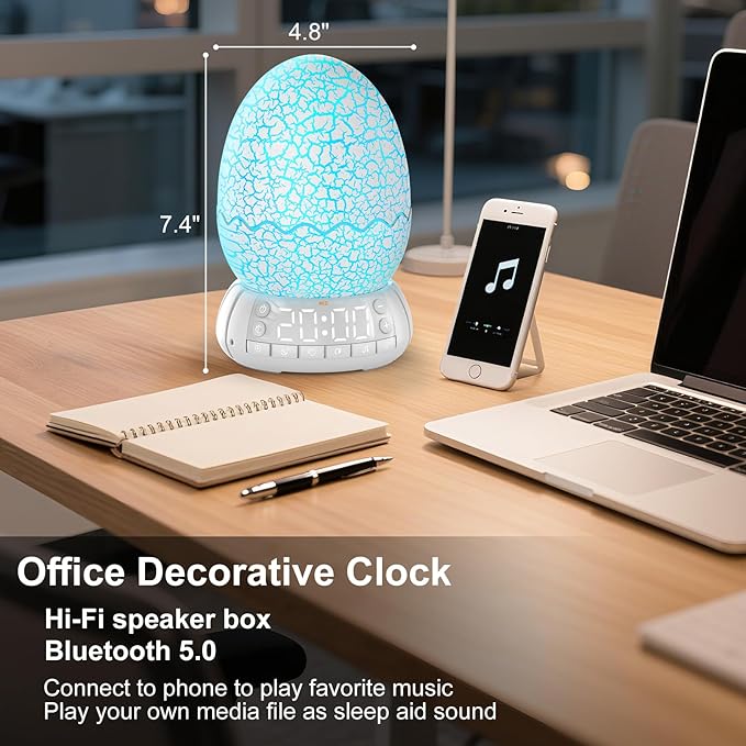 Dinosaur Alarm Clock with Wake Up Light, Digital Clock on Desk + 8 Colors Night Light + 20 Sleep Training Sound + Bluetooth Speaker All in 1 for Kids/Boys/Girls/Adult (Dinosaur)