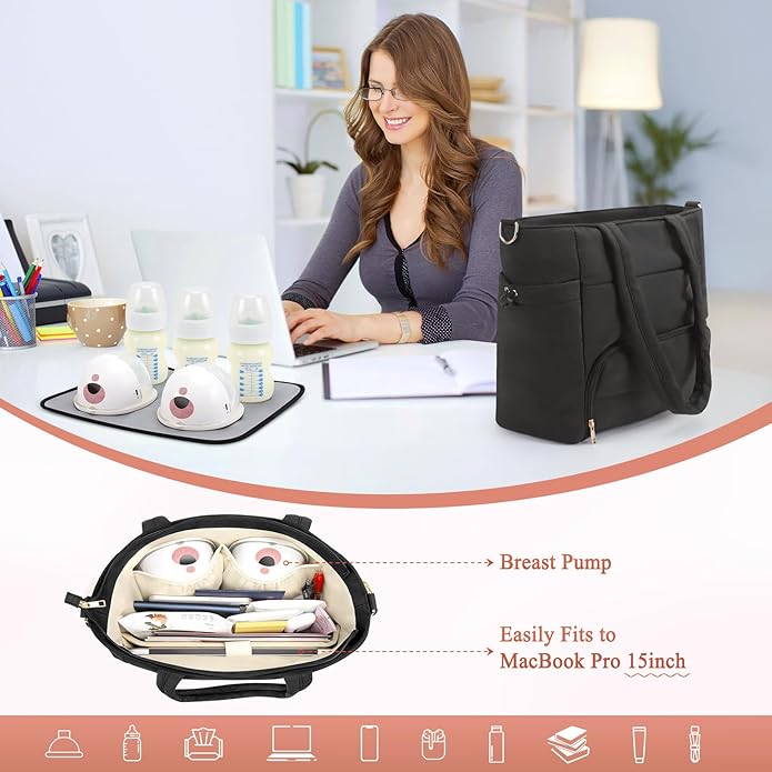 Diaper Bag Tote for Working Mom, Breastmilk Cooler Bag with Insulated Compartment, Breast Pump Tote Bag with Ice Pack for Cooler & 15‘’ Laptop Sleeve, Baby Bottle Cooler bag for Nursing, Work, Travel