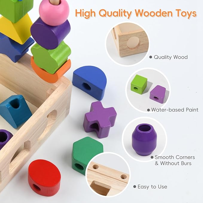 3 in 1 Wooden Color Sorting Stacking Toys, Montessori Toys Geometric Shape Sorter Matching Lacing Beads Sequencing Toy Set Preschool Learning Fine Motor Skills for Toddlers 3 4 5 Years
