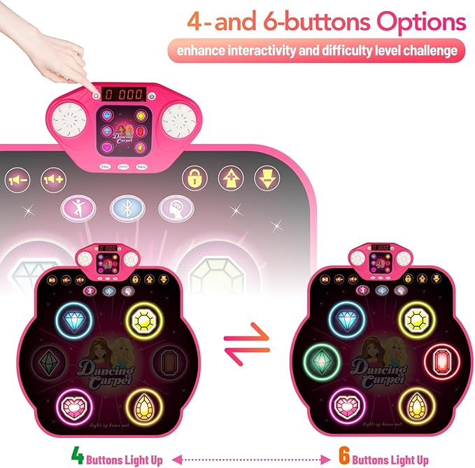 Dance Mat Toys for 3-12 Year Old Girls, 6-Button Kids Dance Mats Bluetooth Dance Pad, Light-up 6 Game Modes Dance Mat for Kids, Christmas/Birthday Gifts for 3-5 6 7 8 9 10+ Year Old Kid