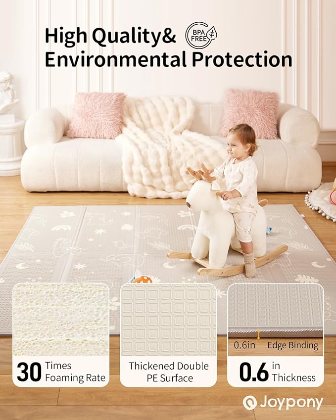 Baby Play Mat, 79" X 71" X 0.6" Extra Large & Thick Reversible Foldable Play Mats for Babies and Toddlers, Anti-Slip Portable Baby Floor Mat for Tummy Time, Baby Mat for Floor with Travel Bag