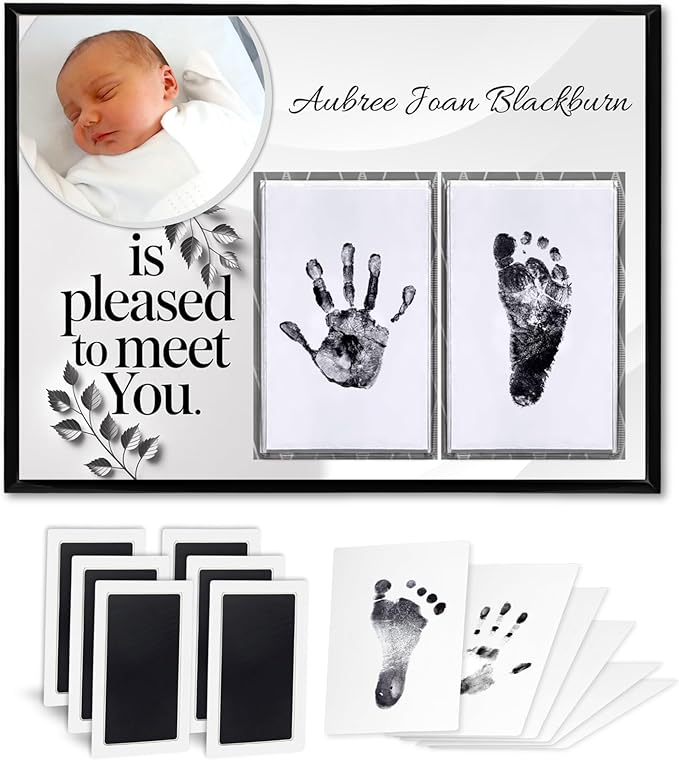 Baby Hand and Footprint Kit with Photo & Birth Details, Inkless Hand and Footprint Kit, Newborn Keepsake Plaque, Baby Shower Gifts (STYLE 1 (Fully Personalized) (Is Pleased To Meet You))