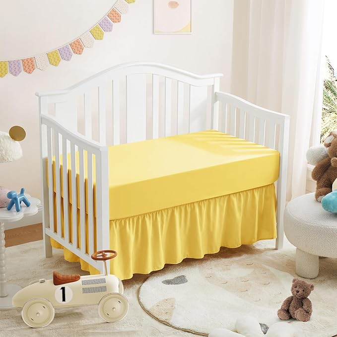 Horbaunal 2 Pack Set Crib Skirt & Crib Bed Sheet, Yellow Crib Bed Skirt 28" x 52" with 14" Drop Dust Ruffle, Soft Microfiber Toddler Bedskirt Nursery Bedding Skirt for Baby Girls and Boys