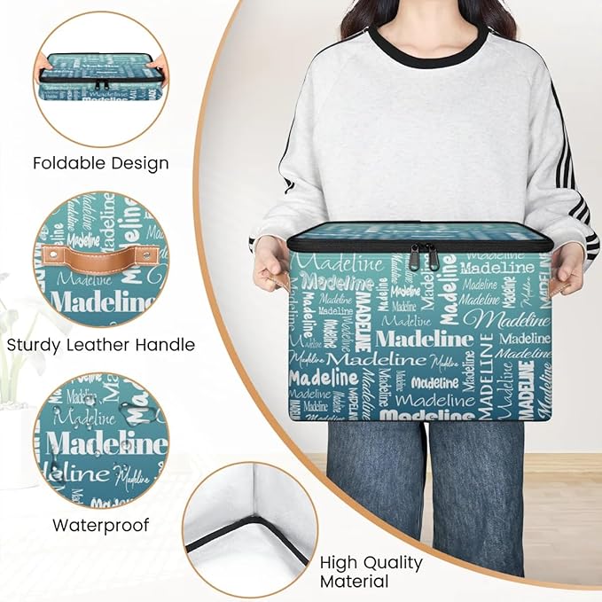 Custom Storage Basket with Name, Personalized Storage Bins with Zipper Lid, Foldable Fabric Storage Box Large capacity with Handle Grey Blue Green
