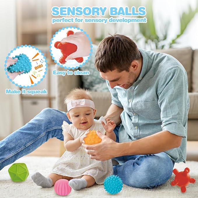 SpringFlower 5 in 1 Baby Toys 6 to 12 Months, Montessori Toys, Soft Baby Teething Toys, Sensory Bin Toy, Stacking Building Blocks & Rings Infants,Sorting Sensory Learning Gift for Toddlers Aged 1-3