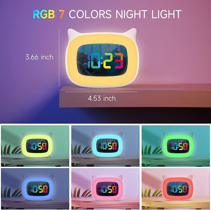 Cute Cat Ear Alarm Clock with RGB 7 Color Night Light & 18 Ringtones,Rechargeable Clock for Kids Bedroom,LED Colorful Digital Display,Bedside Clock for Boys,Girls Birthday Presents(White)