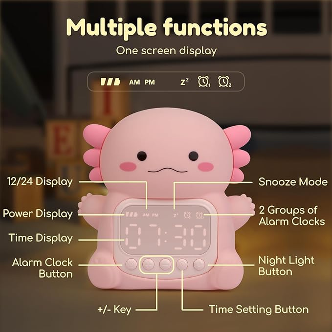 Axolotl Alarm Clock with Night Light for Kids, 7 RGB Color Cute Alarm Clocks for Bedrooms Ok to Wake Clocks, Silicone Animal Tabletop Lamp for Teen Girls Boys