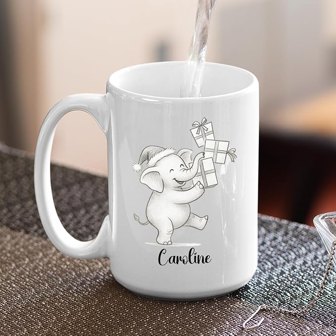 Cute Elephant Coffee Cup With Name, Personalized Elephant Lover Coffee Mug Gift For Men Women Kids Children, Awesome Animal White Ceramic Teacup 11 Oz 15 Oz, Custom Name Elephants Accent Coffee Mug