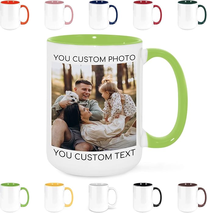Custom Mug Upload Your Picture Personalized Coffee Mug with Photo Text Name Customized Cup Unique Ideas Gifts for Men Women Mom Dad Girlfriend Boyfriend Friend Family (Green, 15oz)